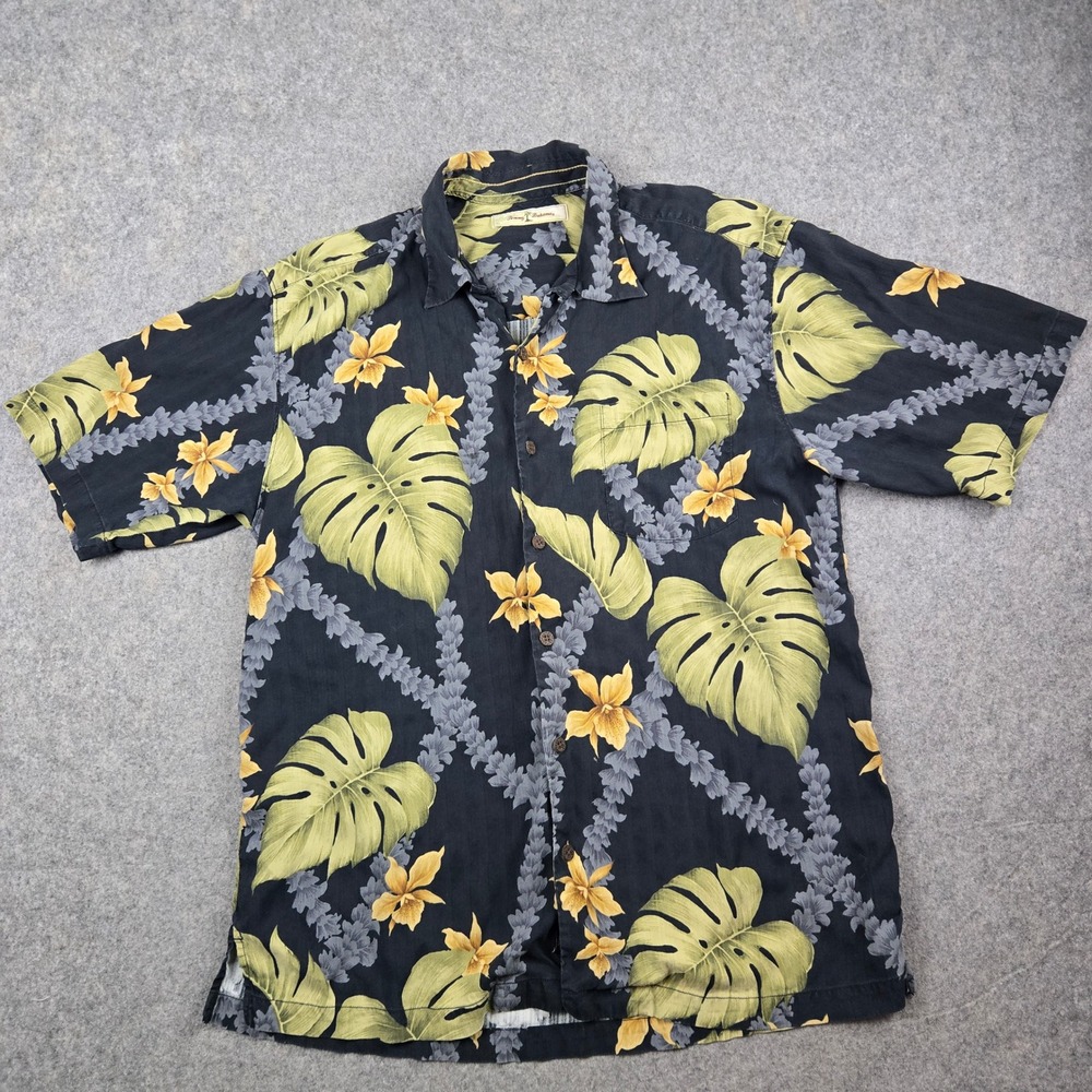 Tommy Bahama Hawaiian Shirt Mens Large Black Silk Monstera Floral Tropical Aloha